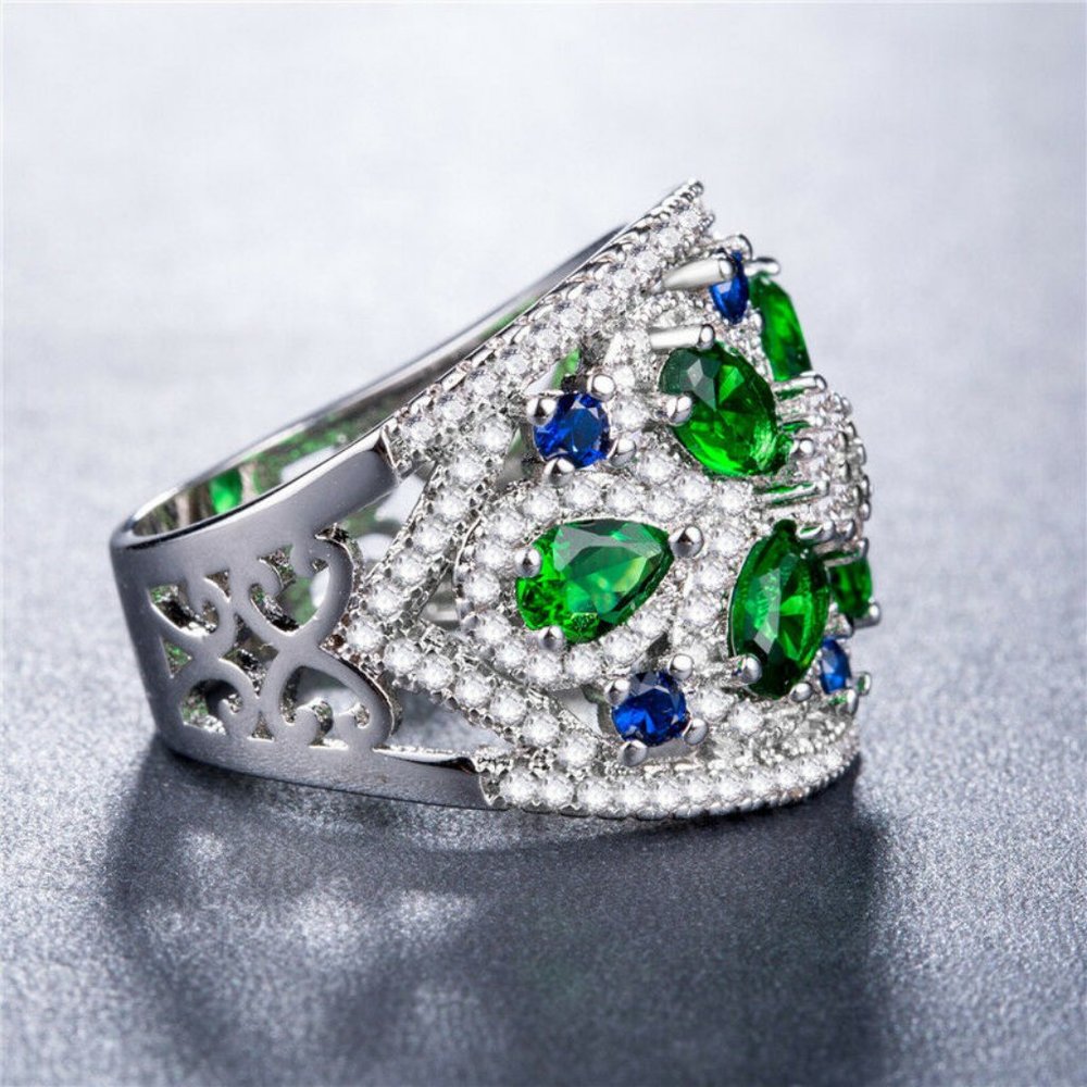 Gorgeous 925 Silver  Emerald & Sapphire Ring New - Picture 2 of 5
